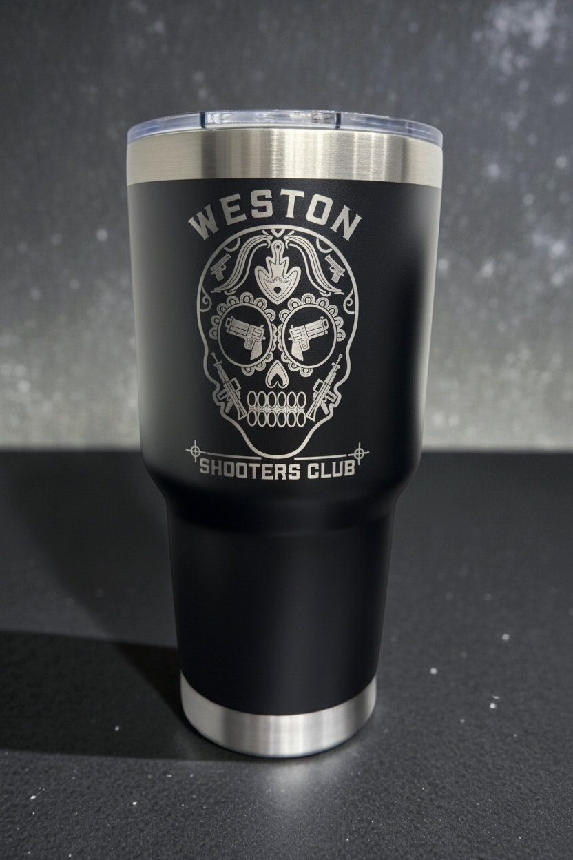 Weston Shooters Club 30oz sugar skull tumbler product shot